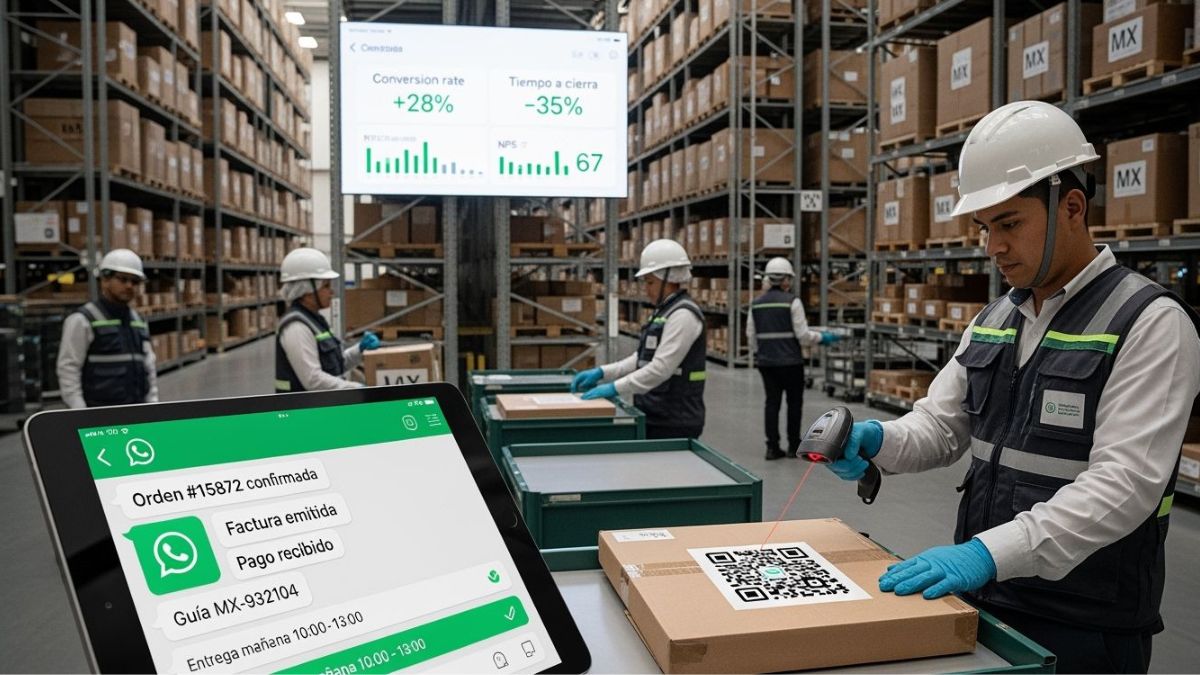 Trabajador en un almacén escanea un código QR en un paquete. En primer plano, una tablet muestra el seguimiento de un pedido vía WhatsApp. Al fondo, una pantalla exhibe métricas de desempeño (+28% conversión, -35% tiempo a cierre, NPS 67).