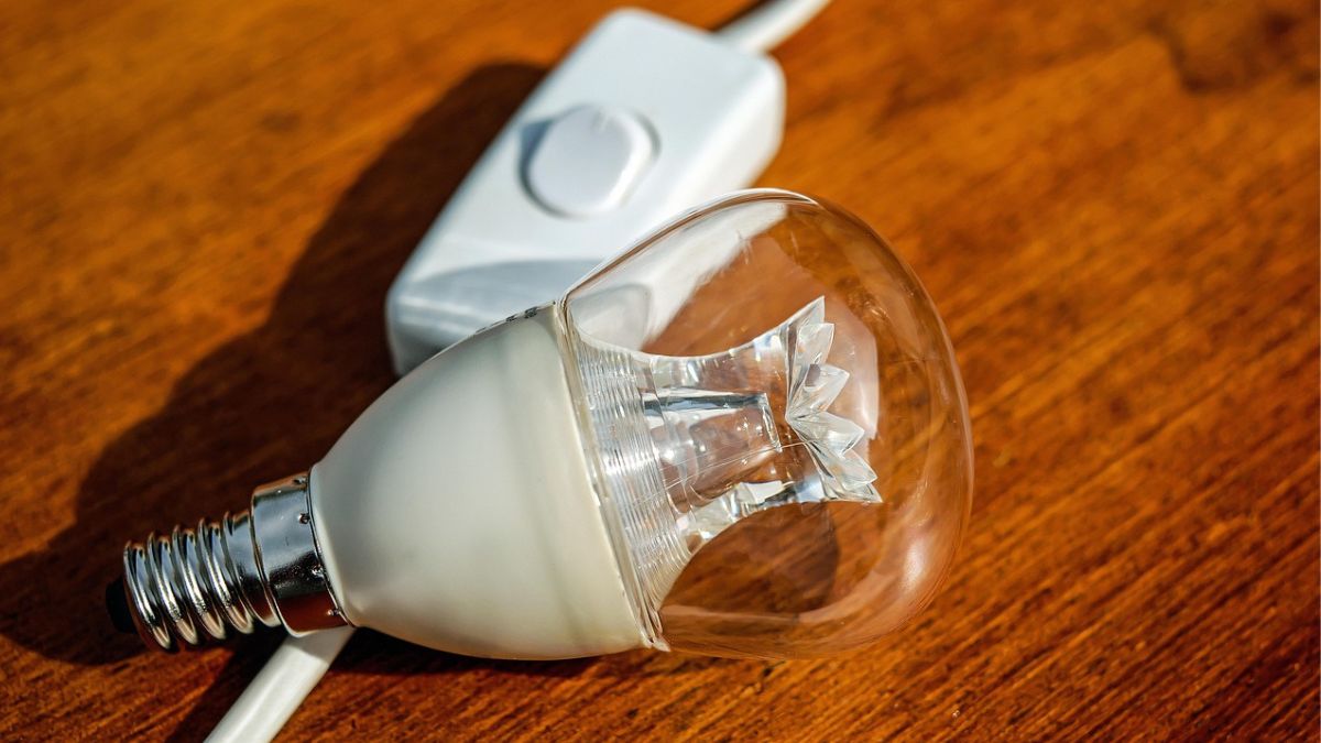 Primer plano de una bombilla de luz pequeña junto a un interruptor blanco sobre una superficie de madera.
